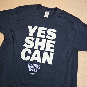 Harris Walz Yes She Can  Union Made T-Shirt M Navy Blue 2024 Campaign USA Made